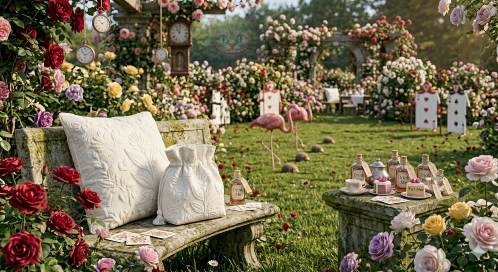 バラ園の中にあるベンチの上のブティ