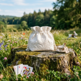 花畑の中の木の切り株にブティ（Boutis）の白い布小物が置かれた風景