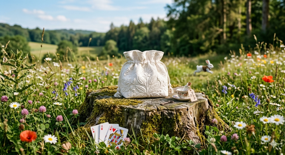 花畑の中の木の切り株にブティ（Boutis）の白い布小物が置かれた風景